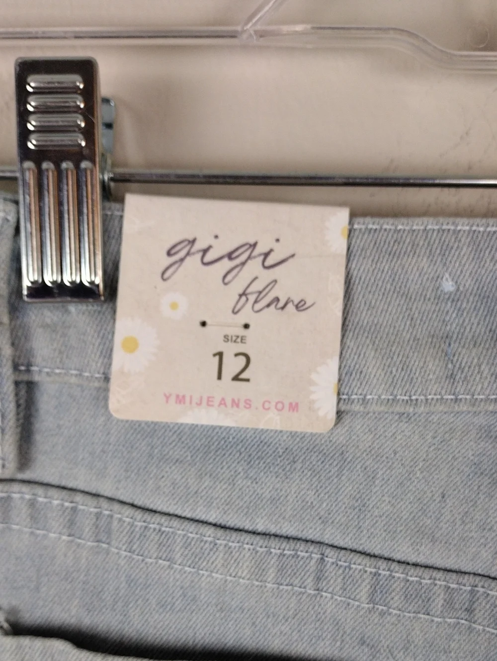 YMI Girl Gigi Flare Blue Light Potassium Wash High Rise Lace Raw Hem Denim Jean